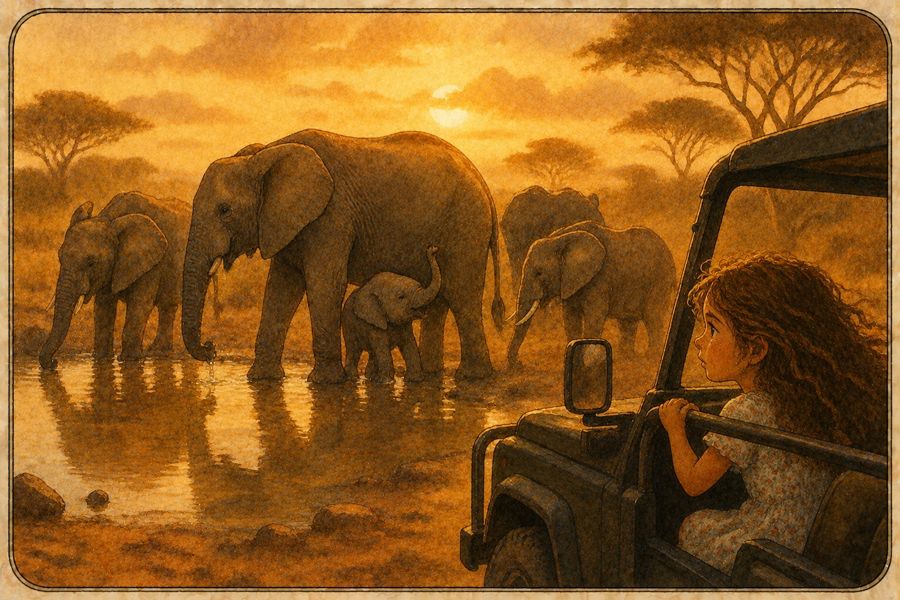 Elefantenfamilie am Wasserloch im Abendlicht