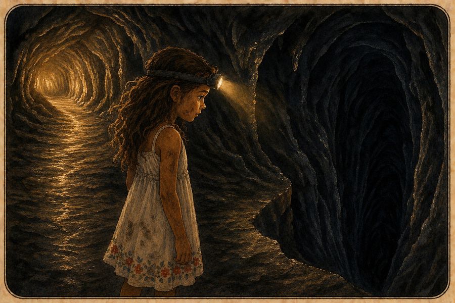 Jessie mit Stirnlampe vor einer Gabelung in einer Lavah&ouml;hle