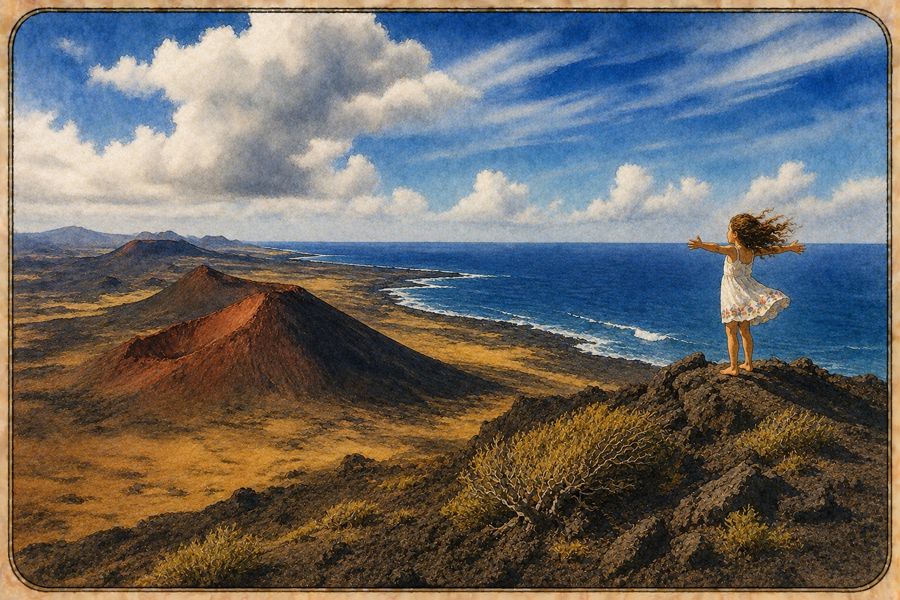 Vulkanische Insel mit schwarzen Bergen und blauem Meer